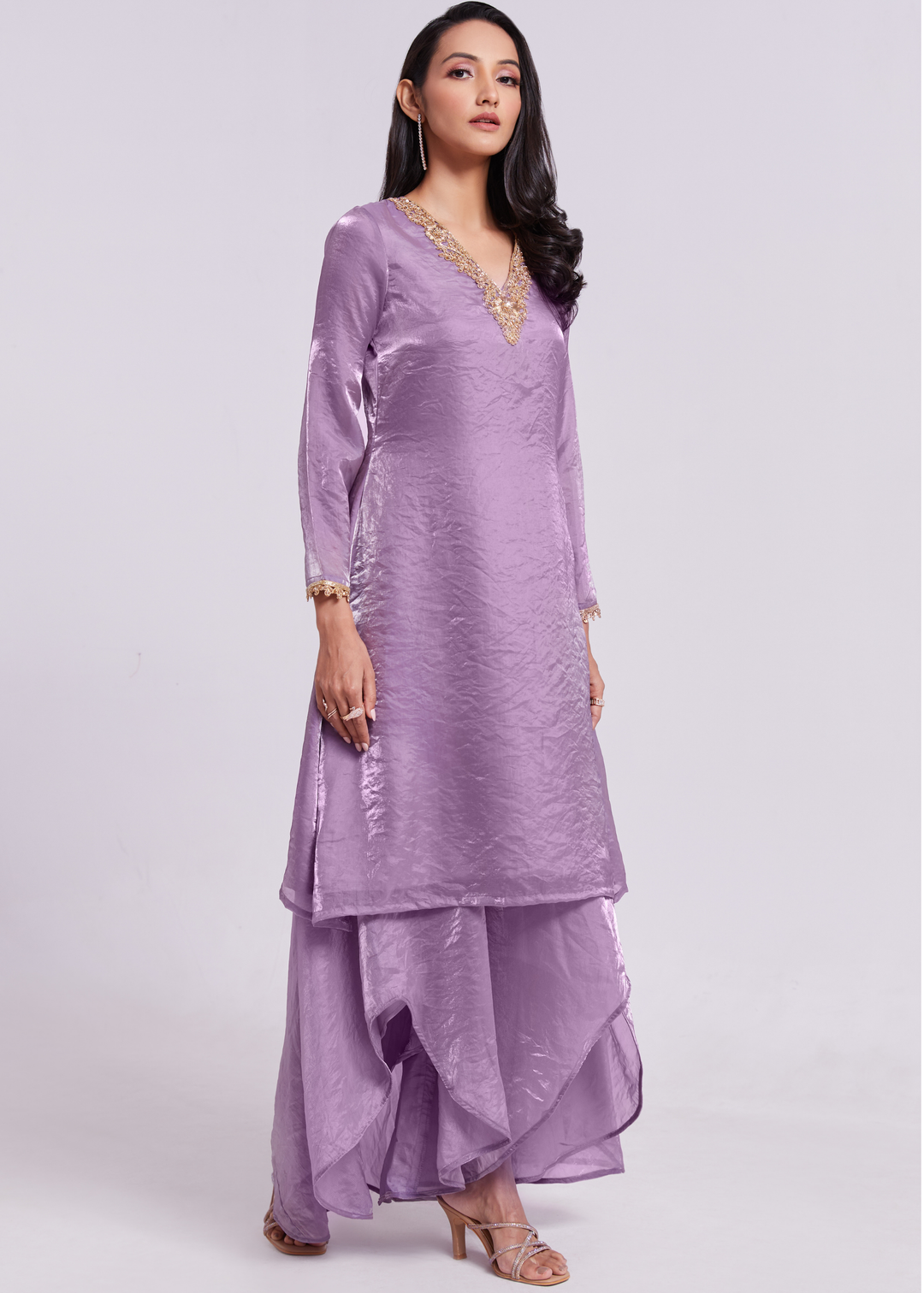 Lavender Purple Organza V-Neck Tunic and Cowl Palazzo Suit