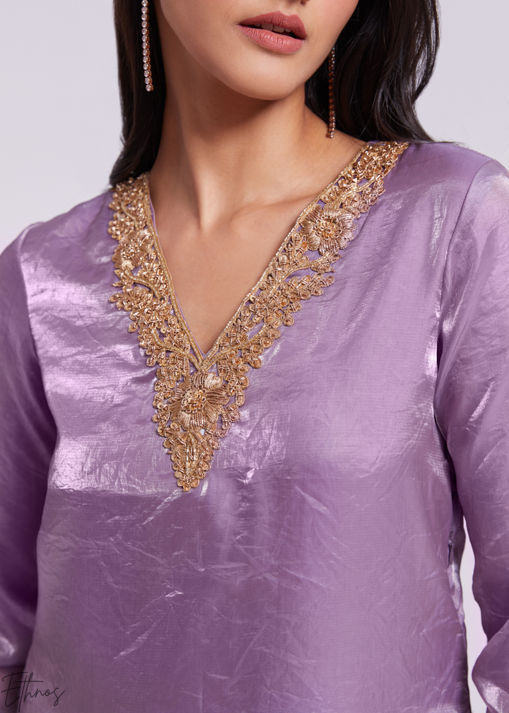 Lavender Purple Organza V-Neck Tunic and Cowl Palazzo Suit