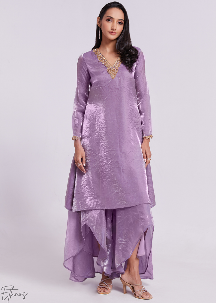 Lavender Purple Organza V-Neck Tunic and Cowl Palazzo Suit
