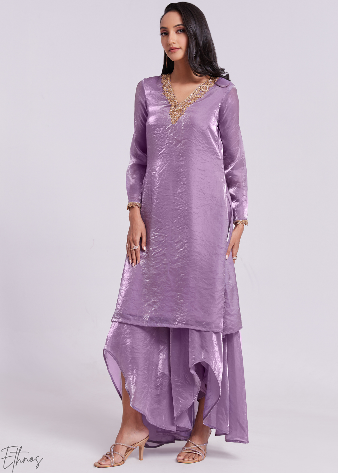Lavender Purple Organza V-Neck Tunic and Cowl Palazzo Suit
