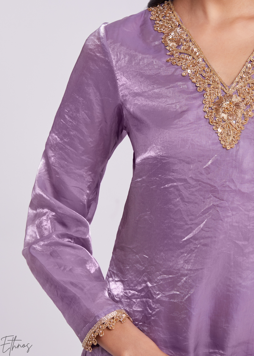 Lavender Purple Organza V-Neck Tunic and Cowl Palazzo Suit