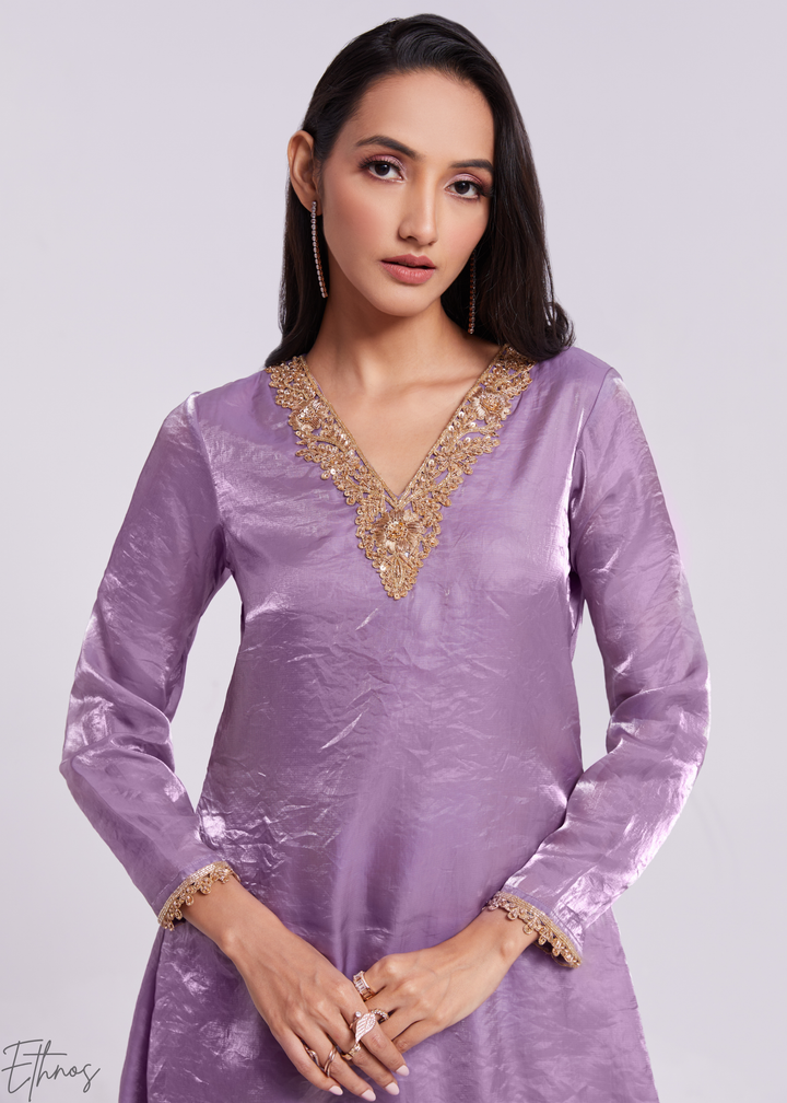 Lavender Purple Organza V-Neck Tunic and Cowl Palazzo Suit