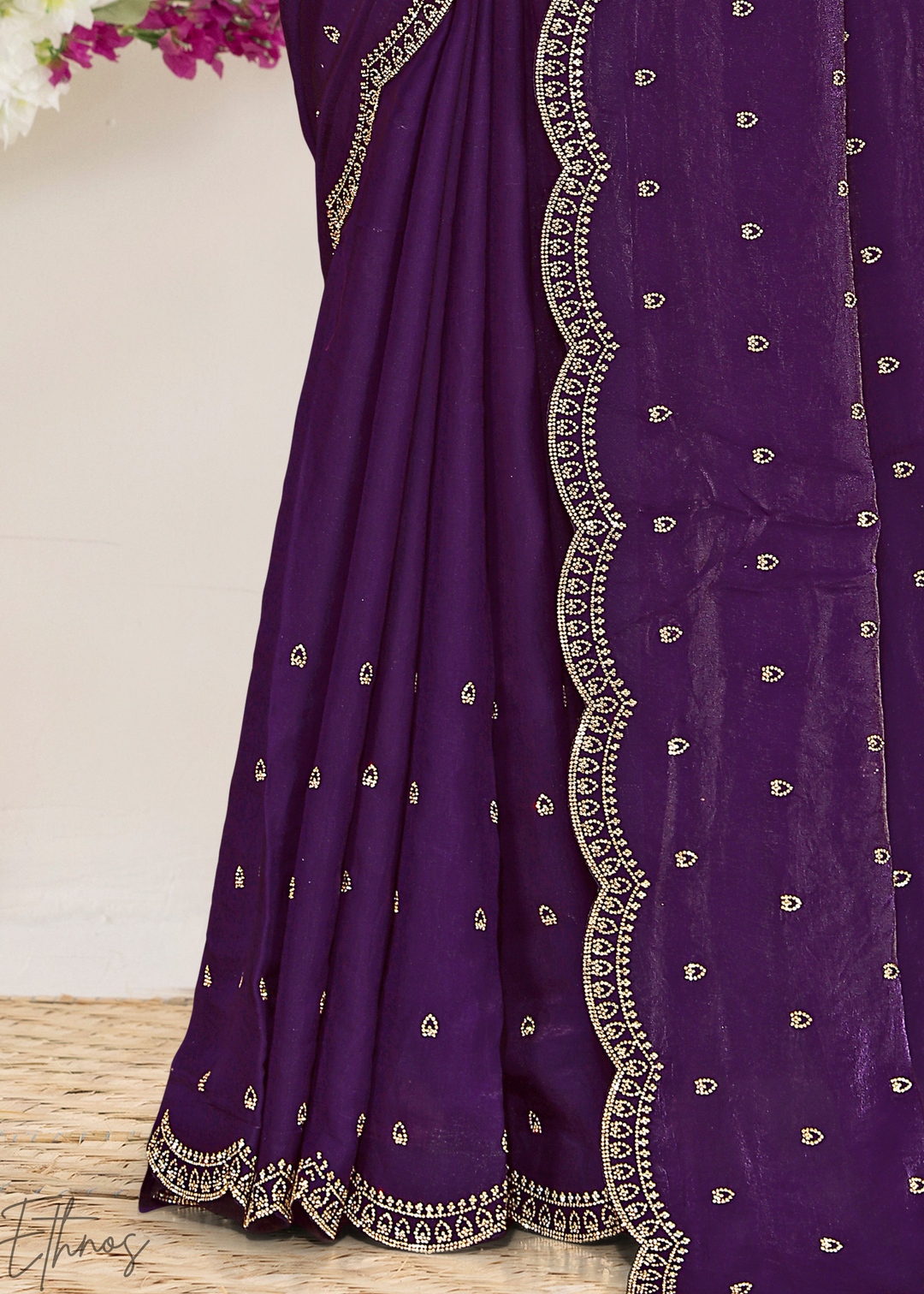 Lavender Purple Scallop Stippled Satin Silk Saree