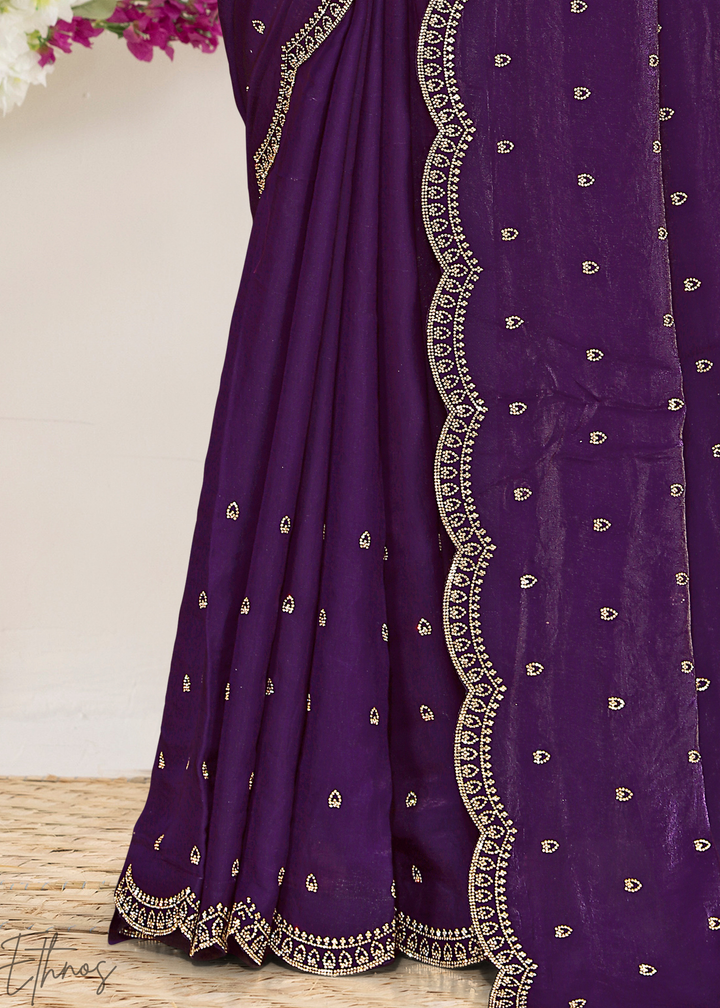 Lavender Purple Scallop Stippled Satin Silk Saree