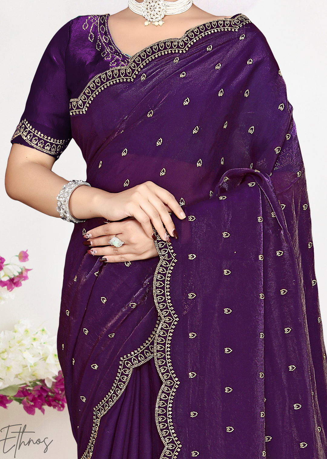 Lavender Purple Scallop Stippled Satin Silk Saree