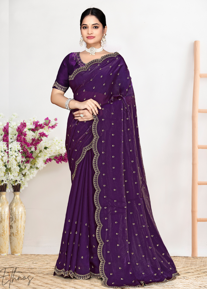 Lavender Purple Scallop Stippled Satin Silk Saree