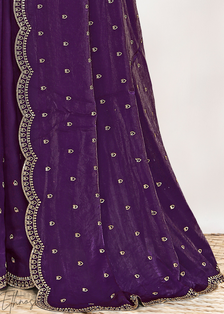 Lavender Purple Scallop Stippled Satin Silk Saree