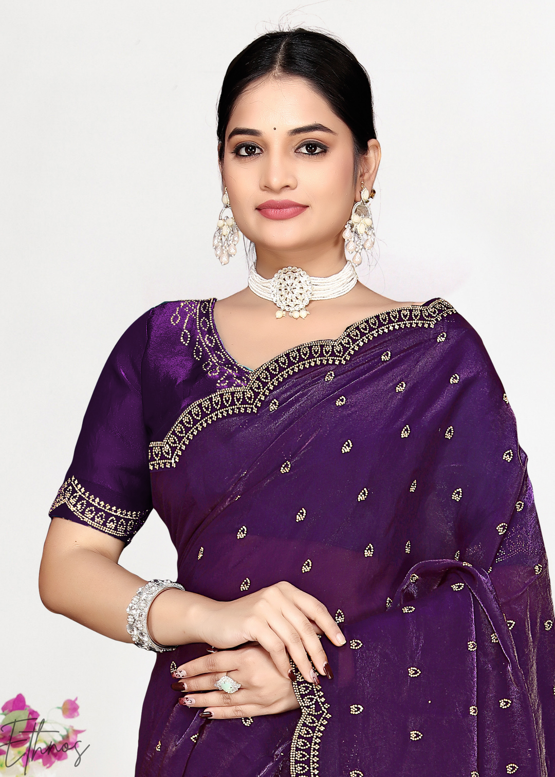 Lavender Purple Scallop Stippled Satin Silk Saree