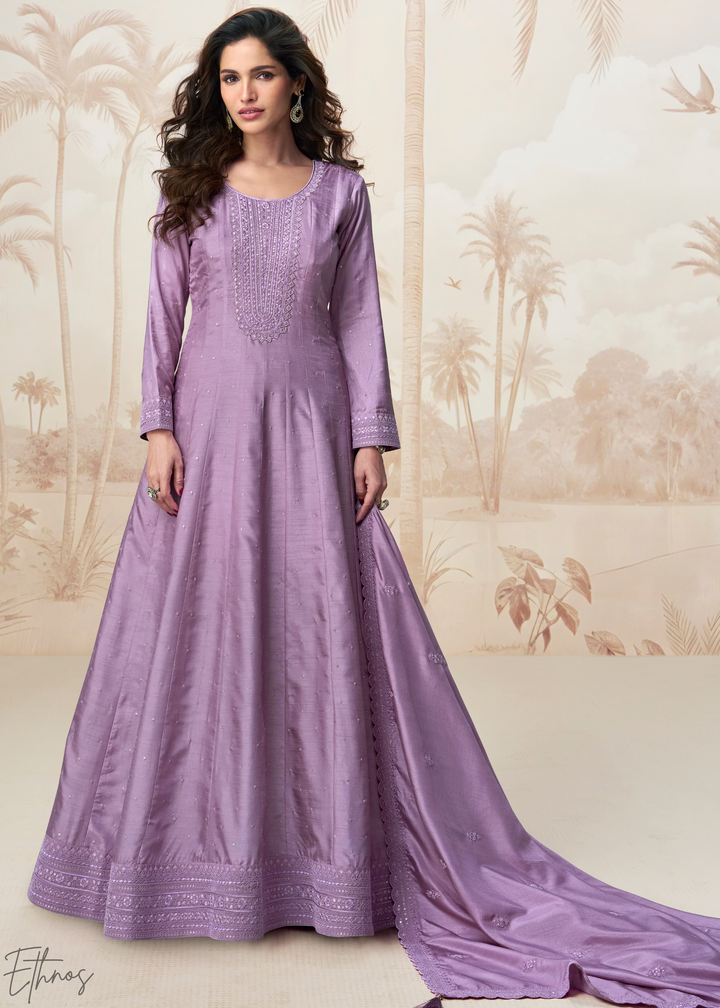 Lavender Purple Self-Texture Embroidered Silk Anarkali Gown & Dupatta Set