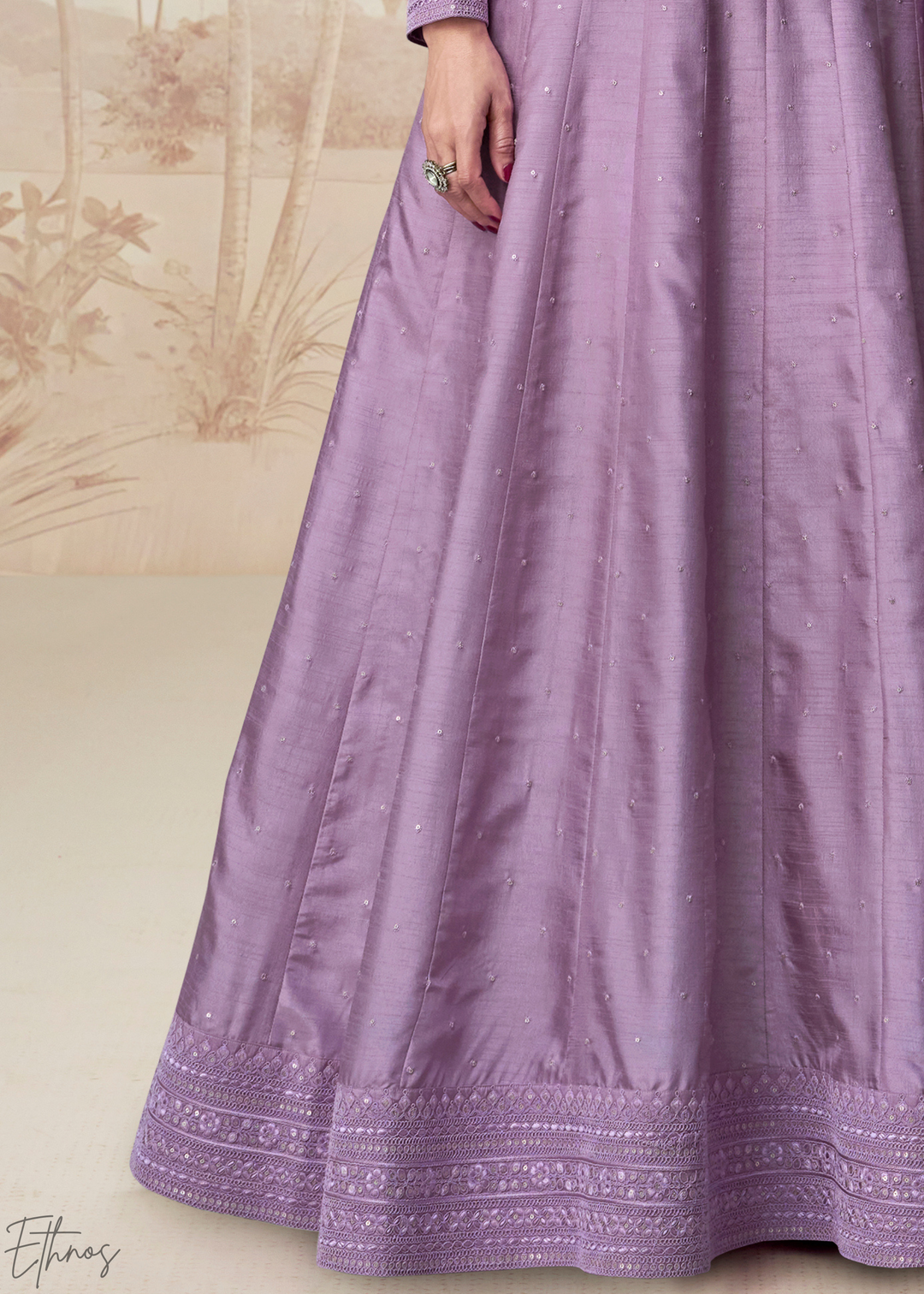 Lavender Purple Self-Texture Embroidered Silk Anarkali Gown & Dupatta Set