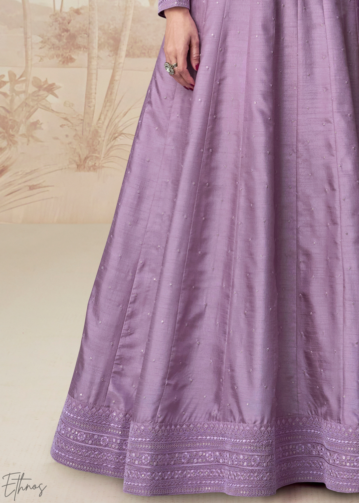 Lavender Purple Self-Texture Embroidered Silk Anarkali Gown & Dupatta Set