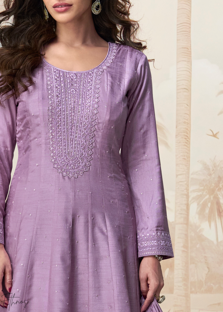 Lavender Purple Self-Texture Embroidered Silk Anarkali Gown & Dupatta Set