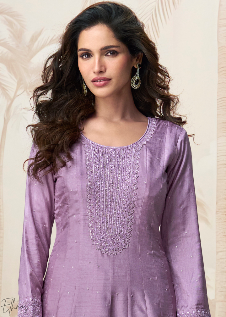 Lavender Purple Self-Texture Embroidered Silk Anarkali Gown & Dupatta Set