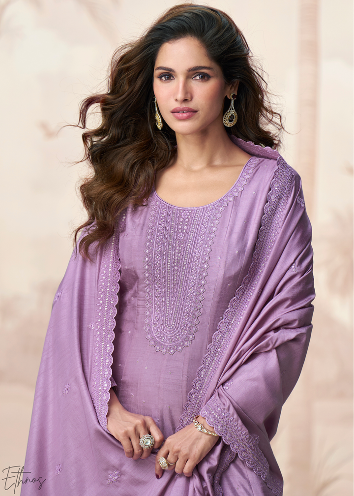 Lavender Purple Self-Texture Embroidered Silk Anarkali Gown & Dupatta Set
