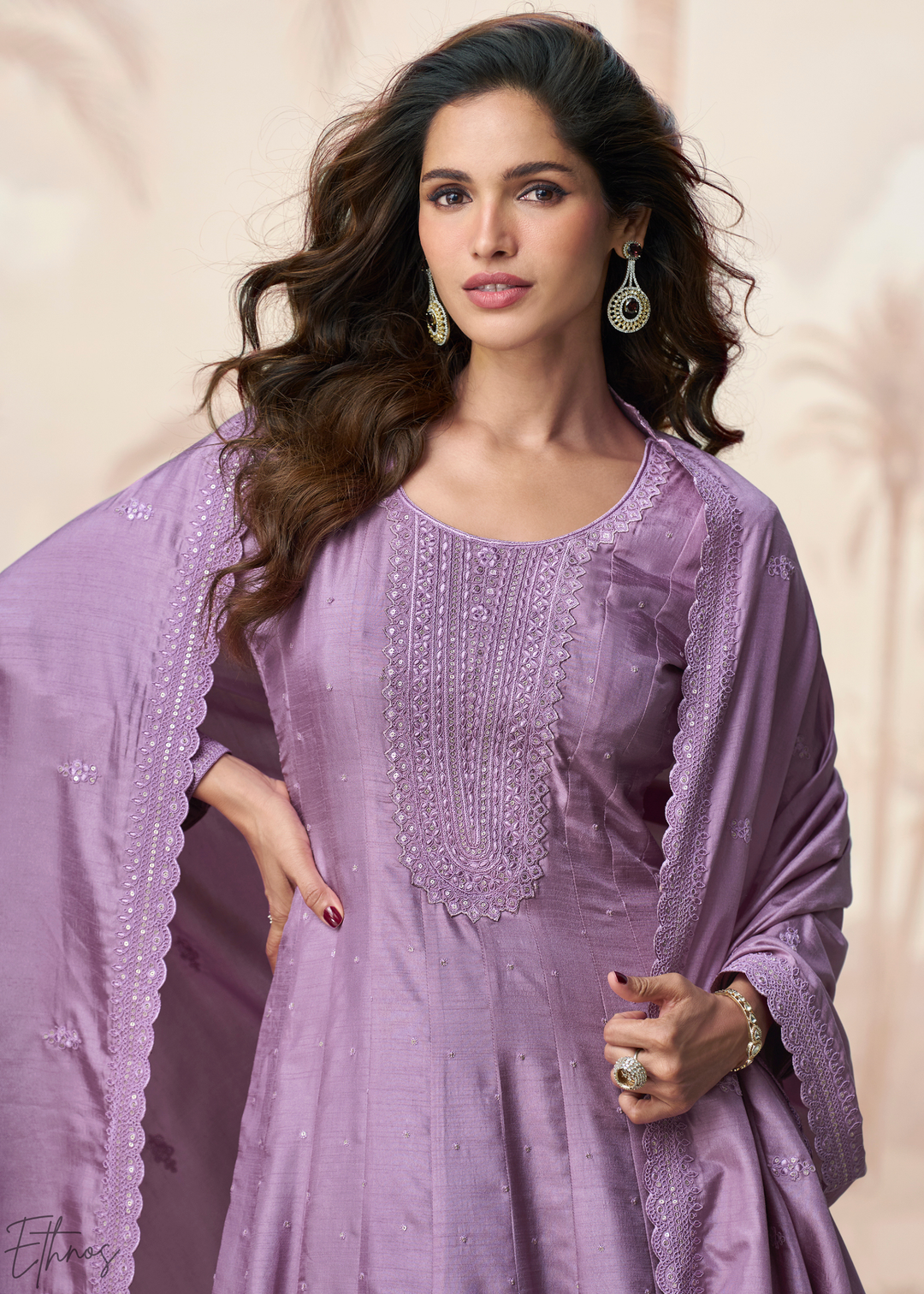 Lavender Purple Self-Texture Embroidered Silk Anarkali Gown & Dupatta Set