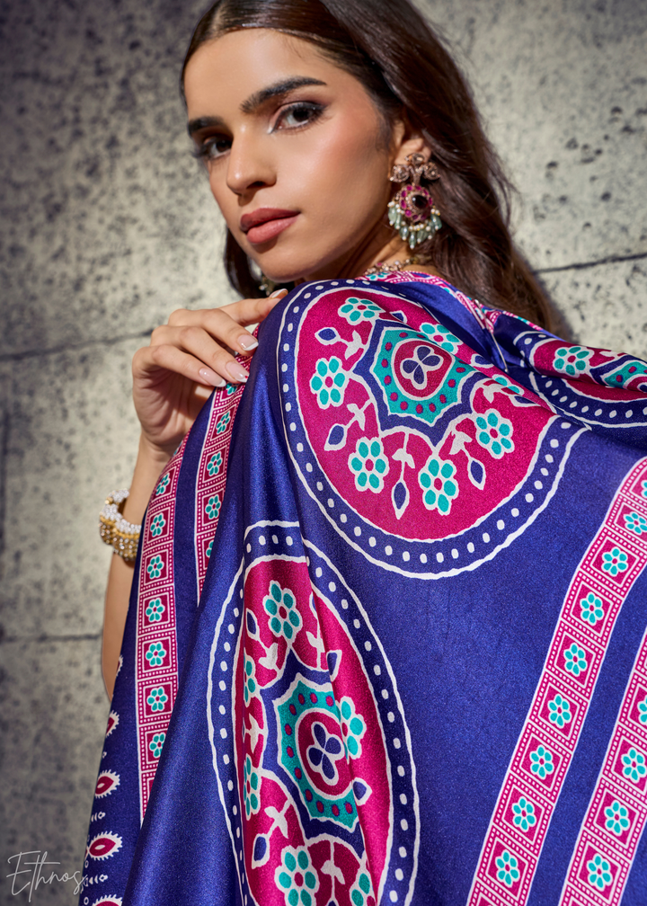 Lavender Sapphire Ajrakh Printed Modal Satin Saree