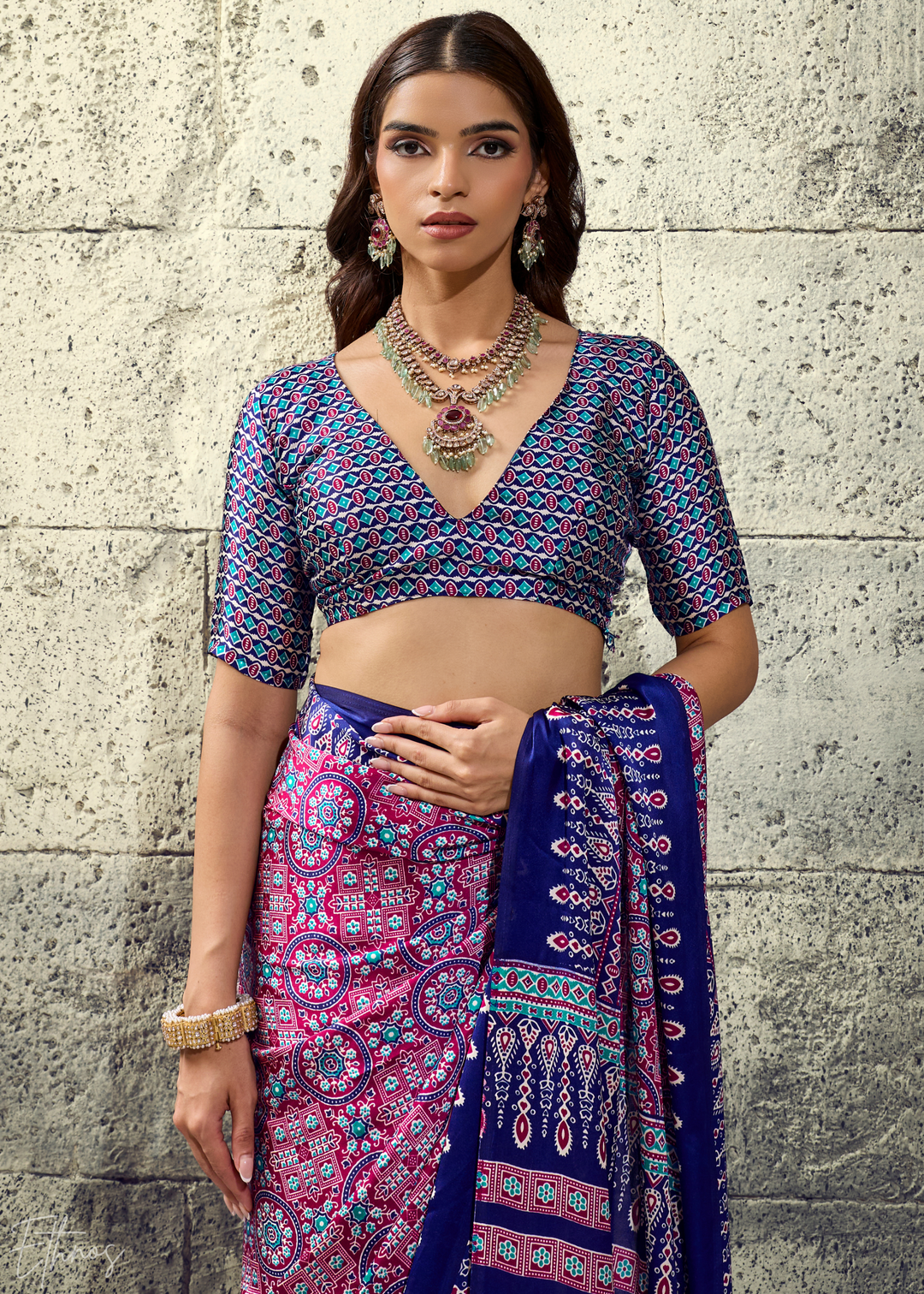 Lavender Sapphire Ajrakh Printed Modal Satin Saree