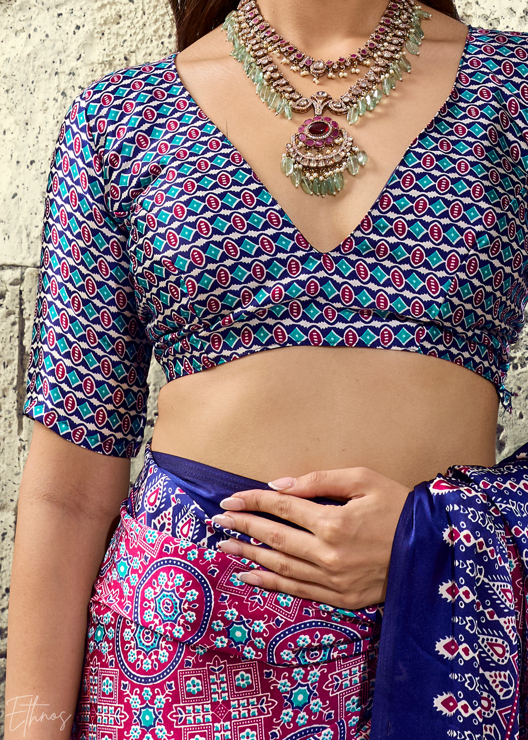 Lavender Sapphire Ajrakh Printed Modal Satin Saree