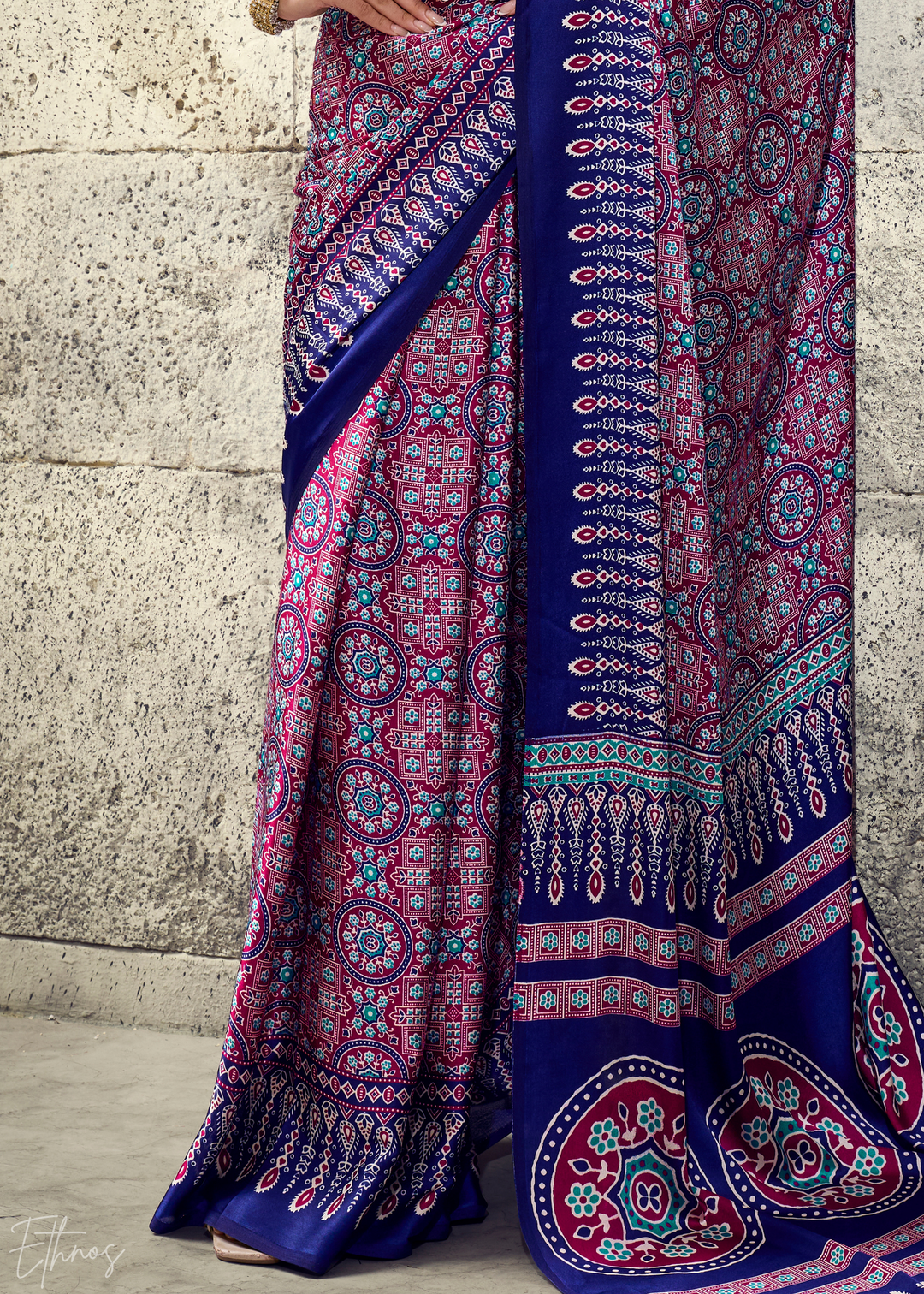 Lavender Sapphire Ajrakh Printed Modal Satin Saree