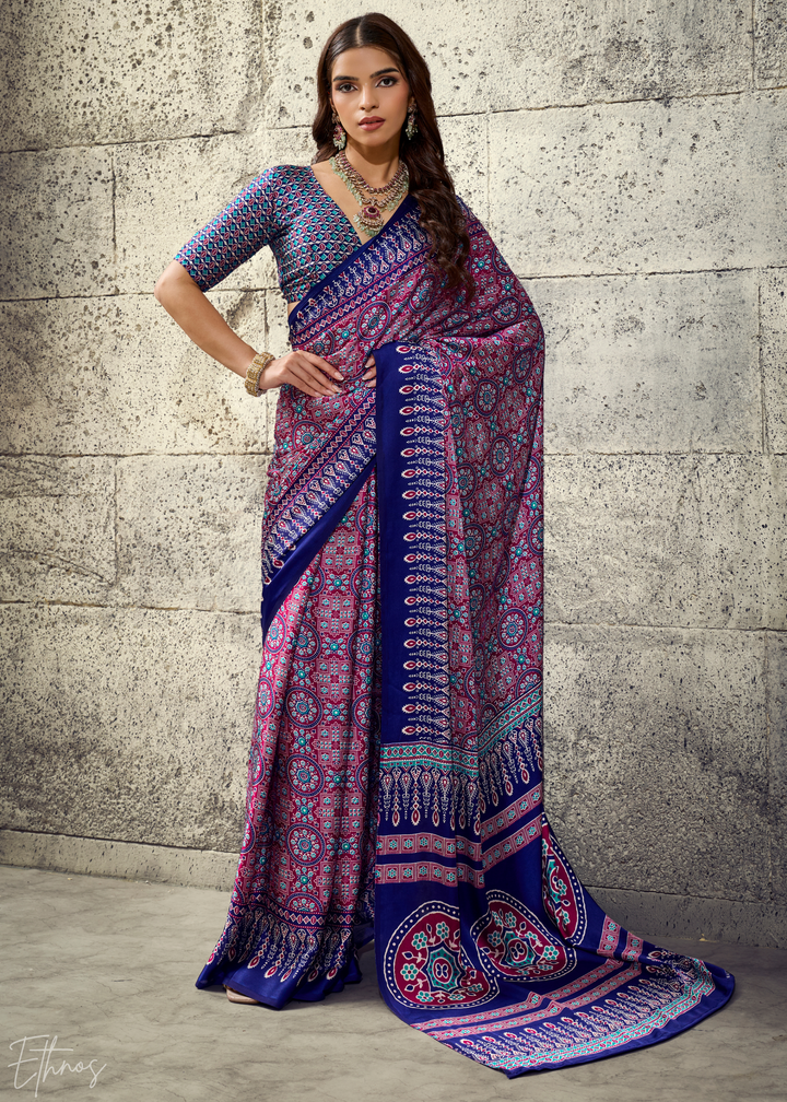 Lavender Sapphire Ajrakh Printed Modal Satin Saree