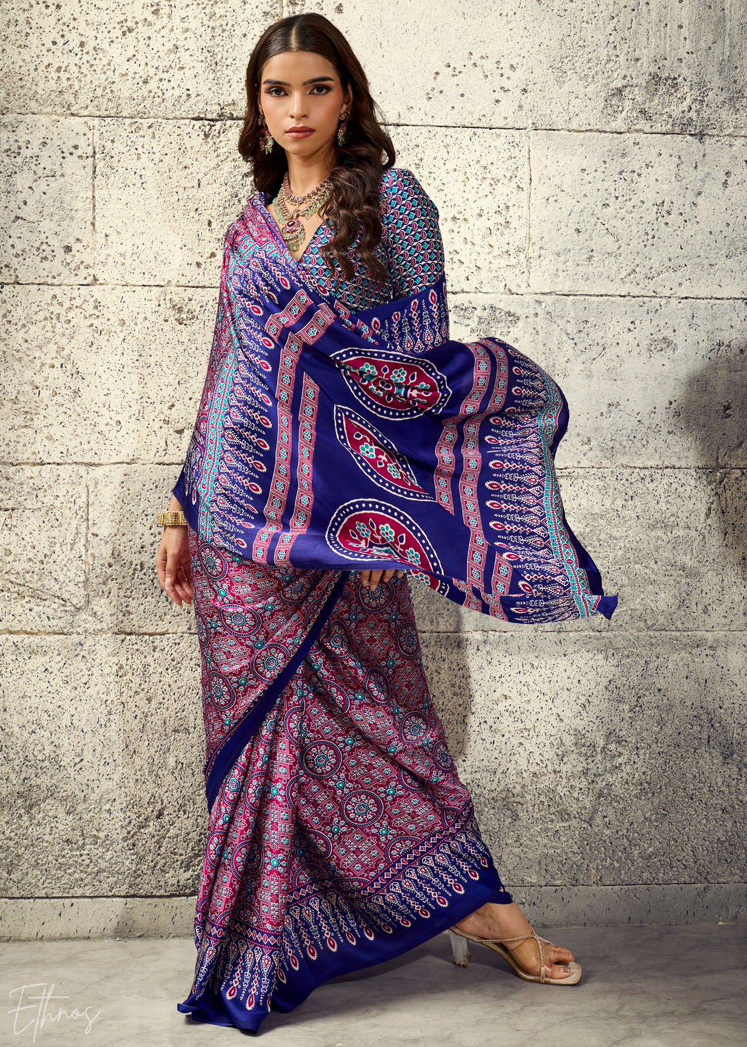 Lavender Sapphire Ajrakh Printed Modal Satin Saree
