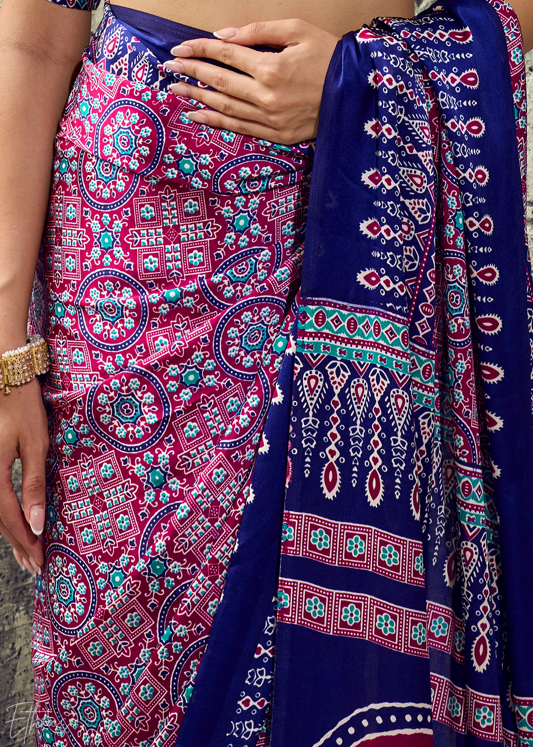 Lavender Sapphire Ajrakh Printed Modal Satin Saree