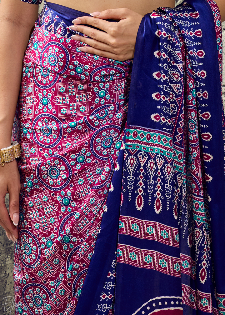 Lavender Sapphire Ajrakh Printed Modal Satin Saree