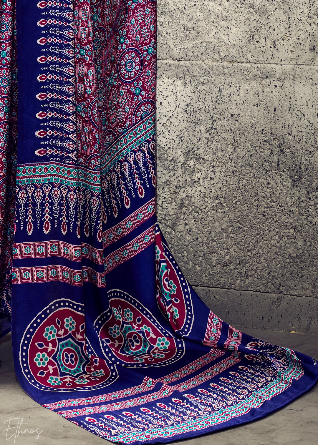 Lavender Sapphire Ajrakh Printed Modal Satin Saree