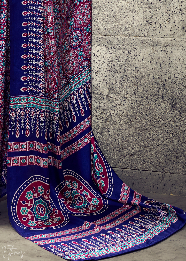 Lavender Sapphire Ajrakh Printed Modal Satin Saree