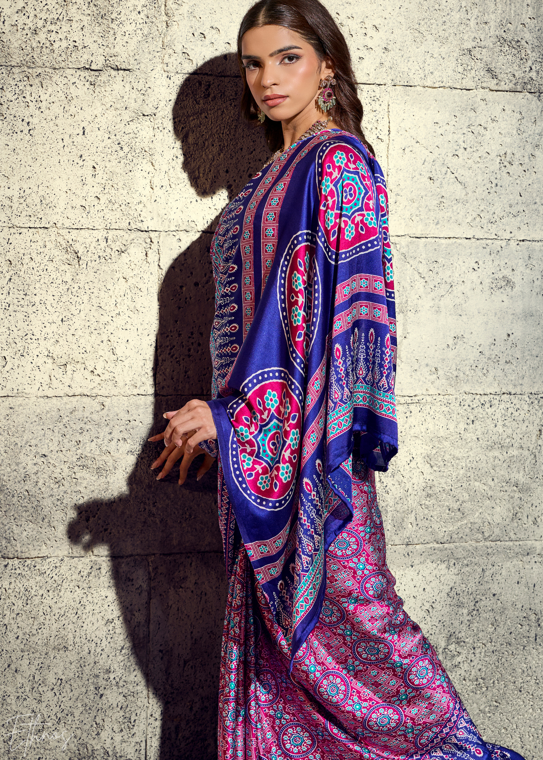 Lavender Sapphire Ajrakh Printed Modal Satin Saree