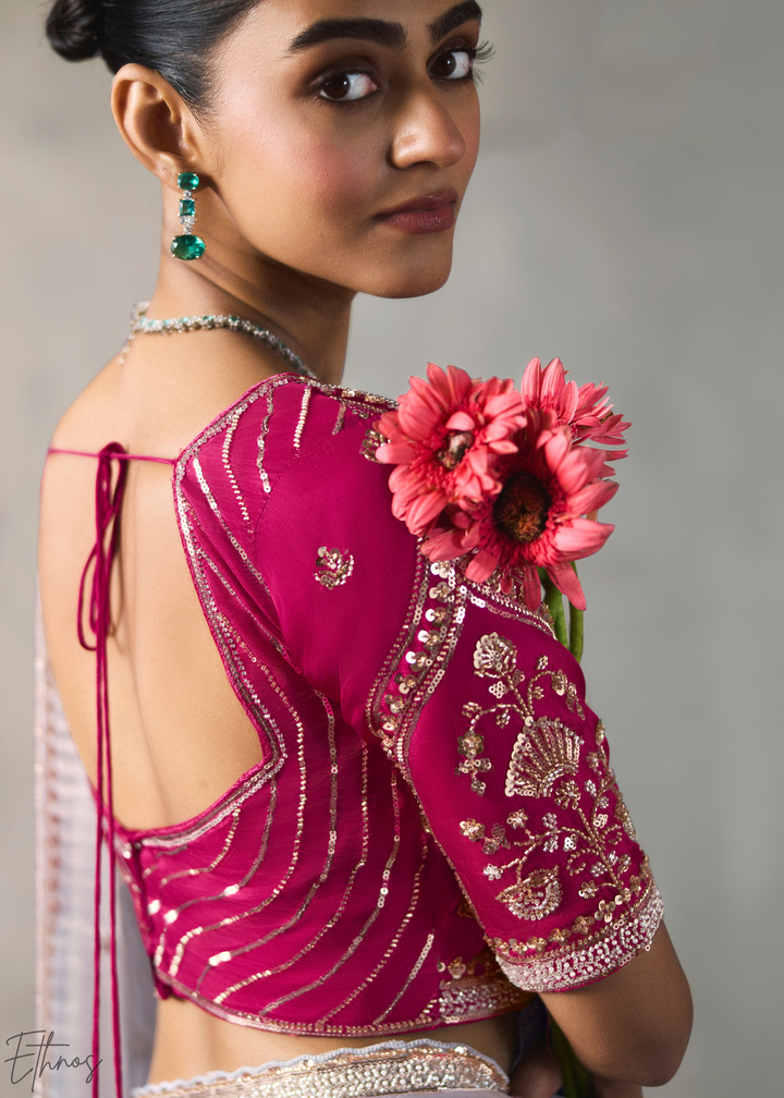 Lavender Floral Scallop Beaded Border Silk Saree