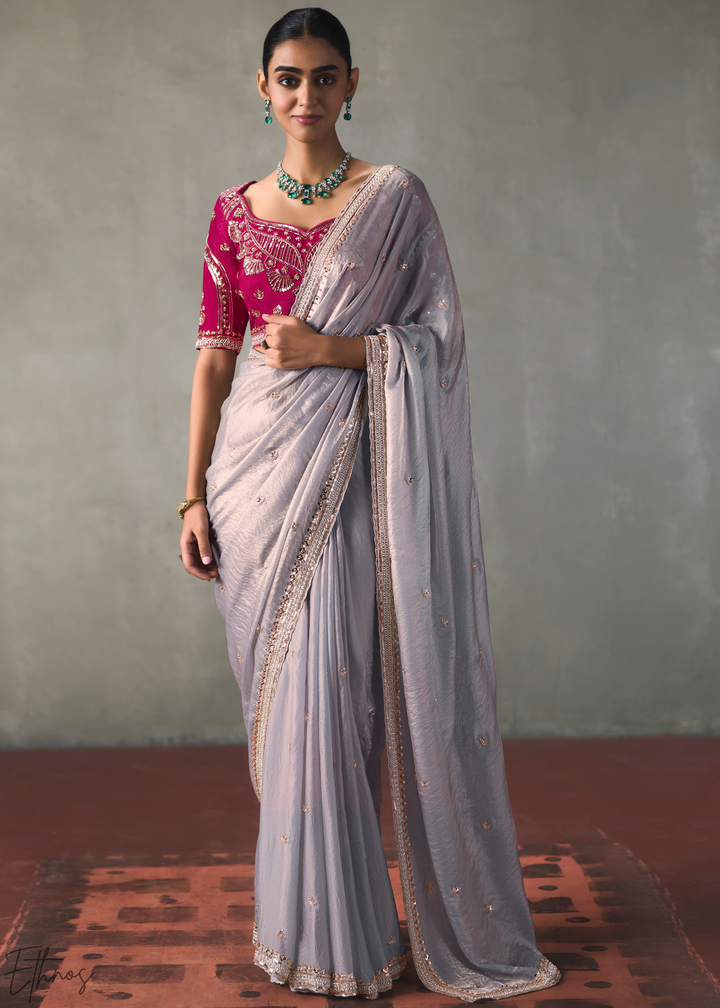 Lavender Floral Scallop Beaded Border Silk Saree