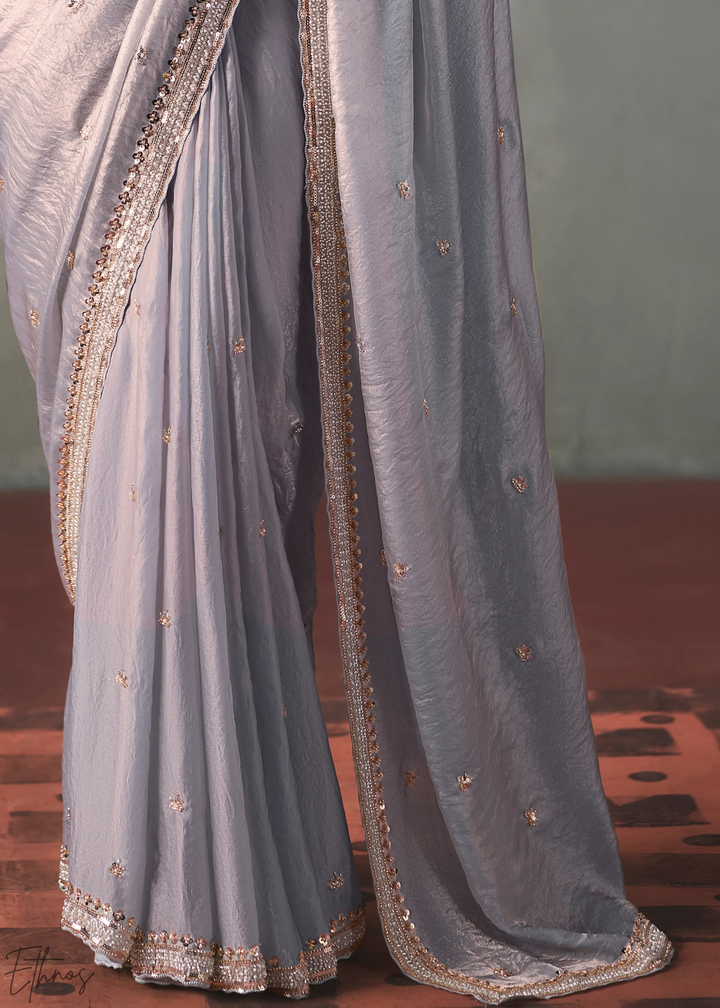 Lavender Floral Scallop Beaded Border Silk Saree