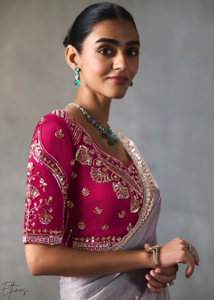 Lavender Floral Scallop Beaded Border Silk Saree