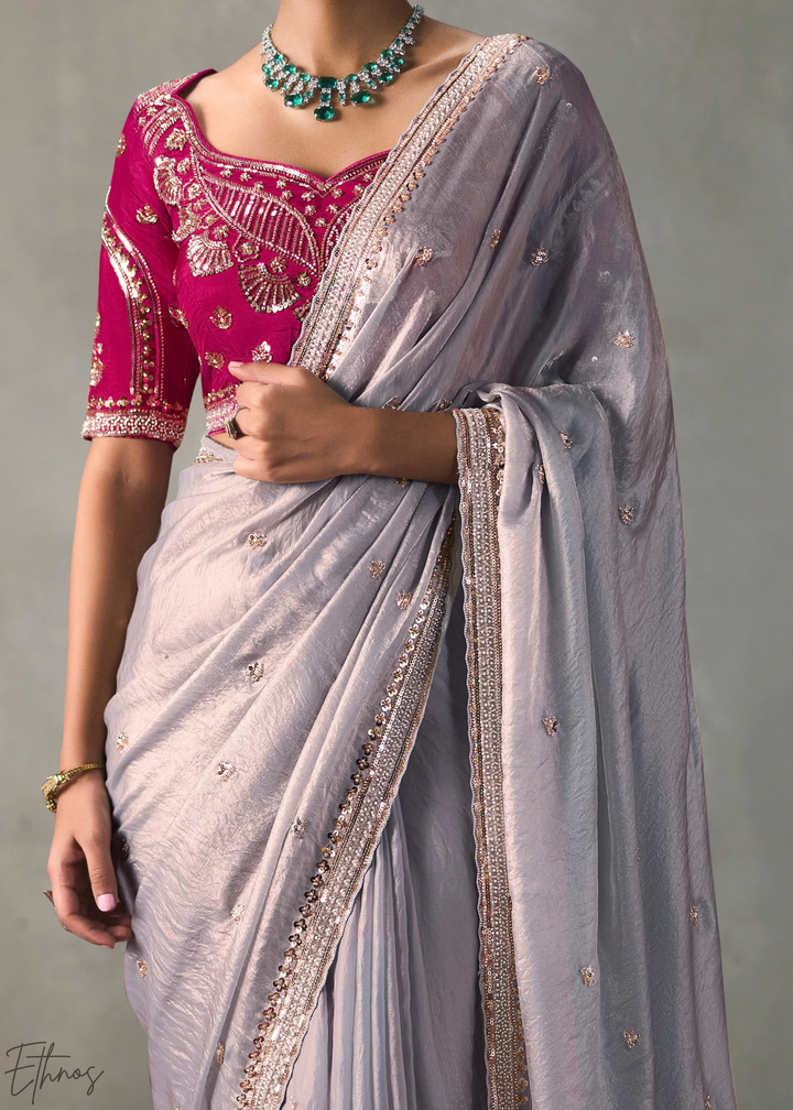 Lavender Floral Scallop Beaded Border Silk Saree