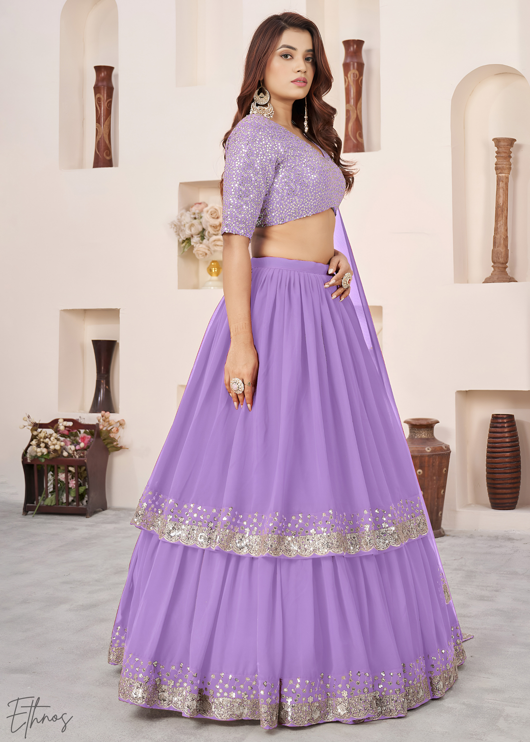 Lavender Sequins Georgette Lehenga