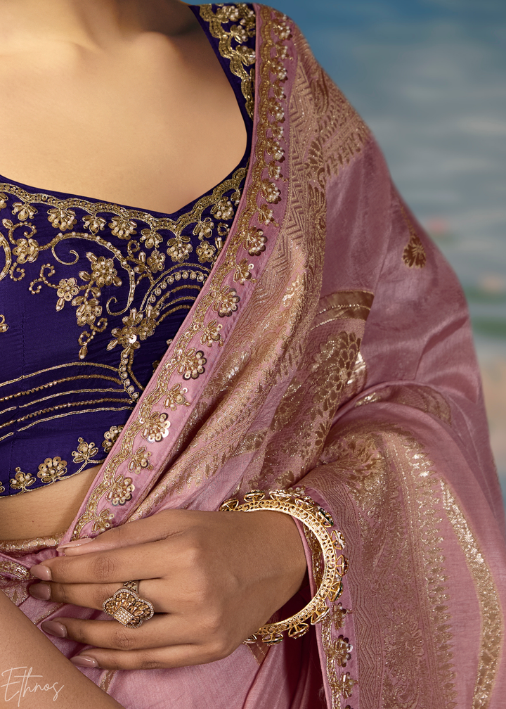 Lavender Traditional Zari Woven Border Dola Silk Saree