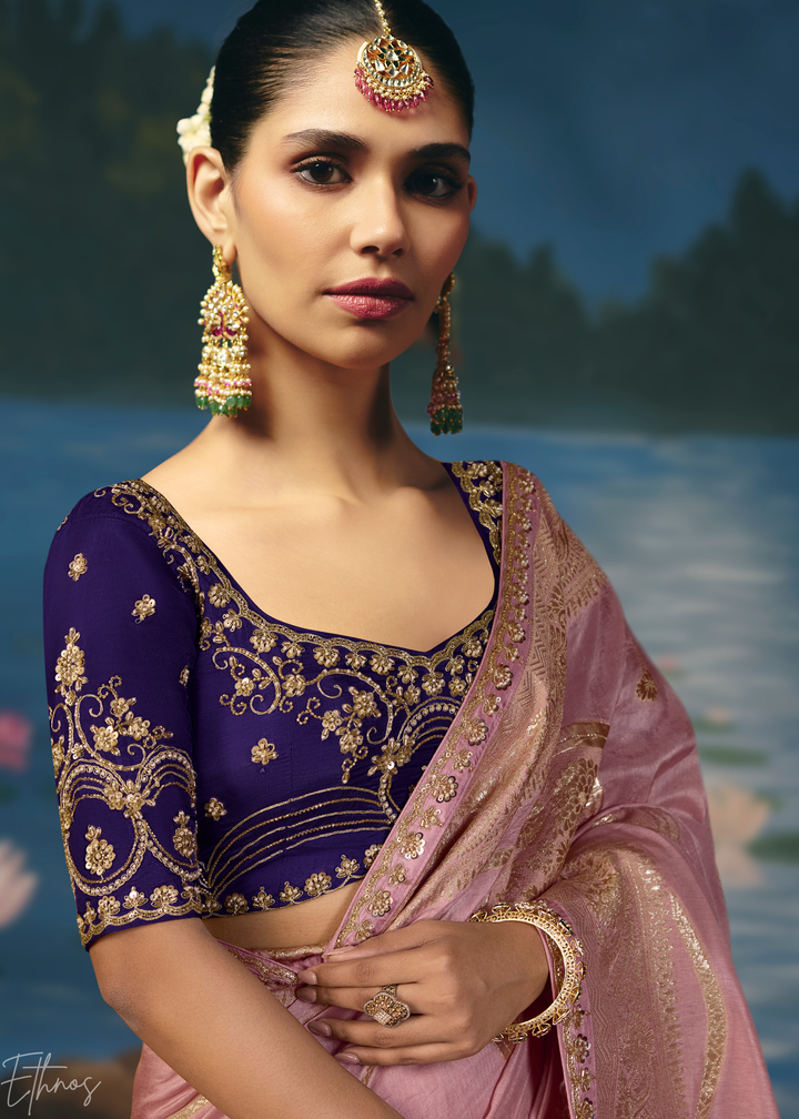 Lavender Traditional Zari Woven Border Dola Silk Saree