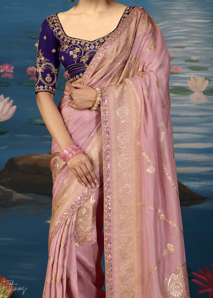 Lavender Traditional Zari Woven Border Dola Silk Saree