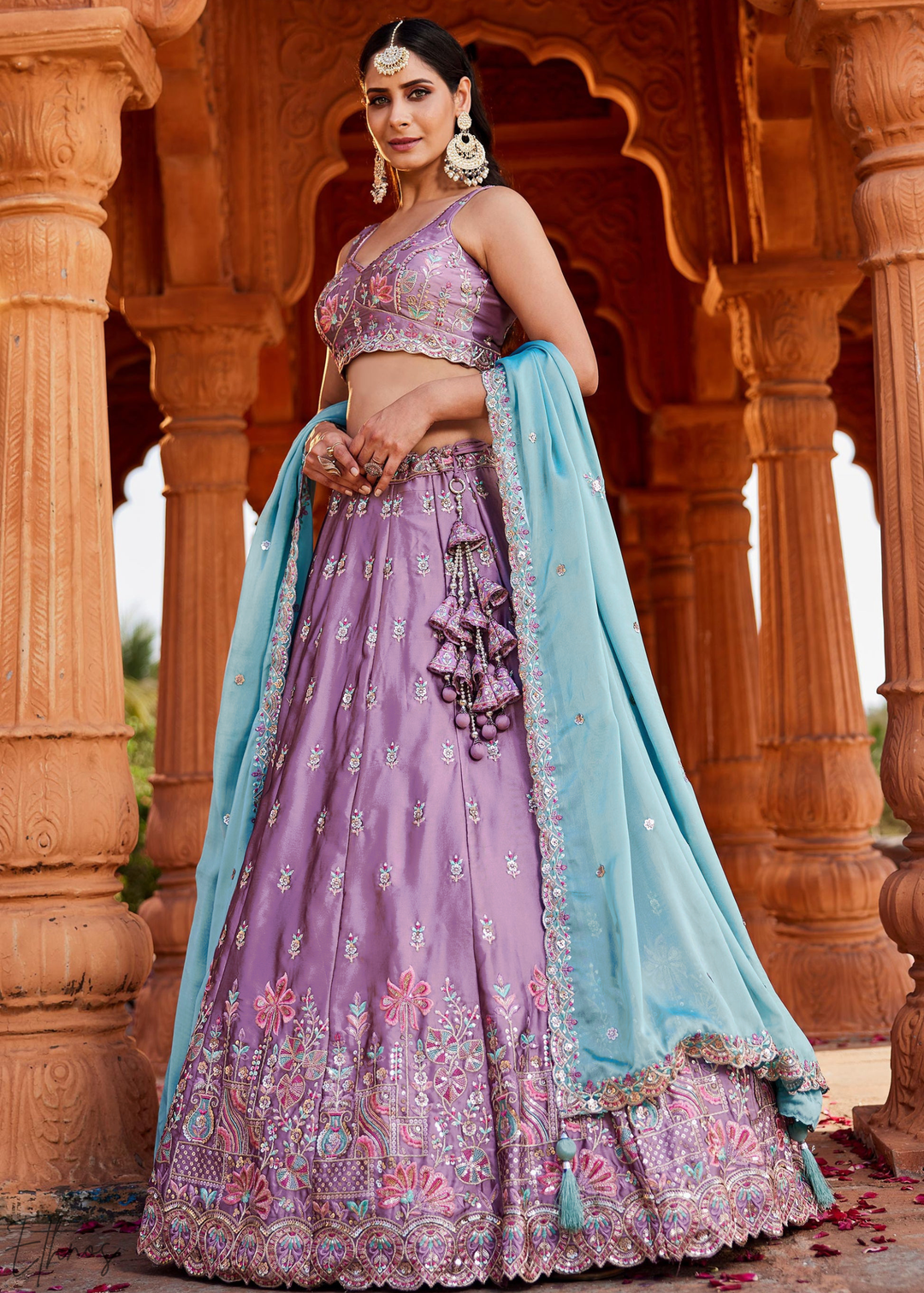 Lavender Violet Botanical-Embroidered Silk Lehenga