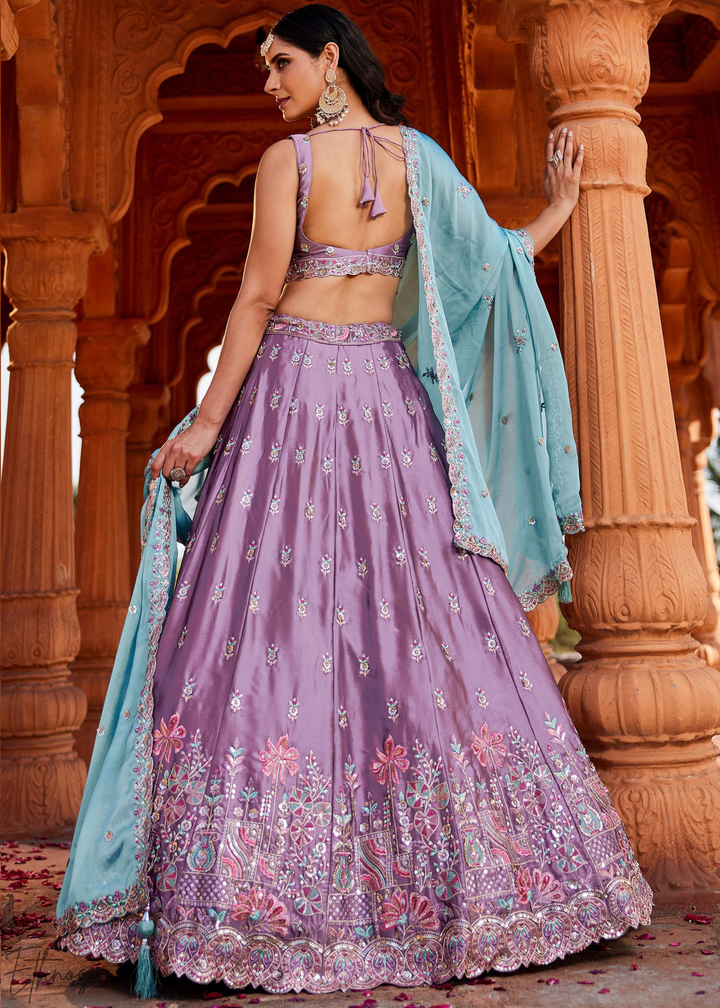 Lavender Violet Botanical-Embroidered Silk Lehenga