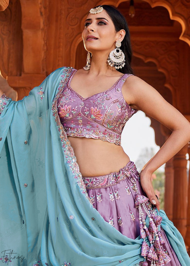 Lavender Violet Botanical-Embroidered Silk Lehenga