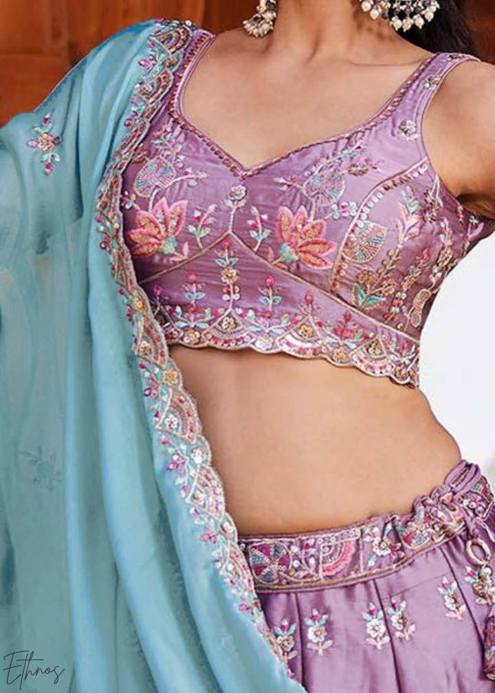 Lavender Violet Botanical-Embroidered Silk Lehenga