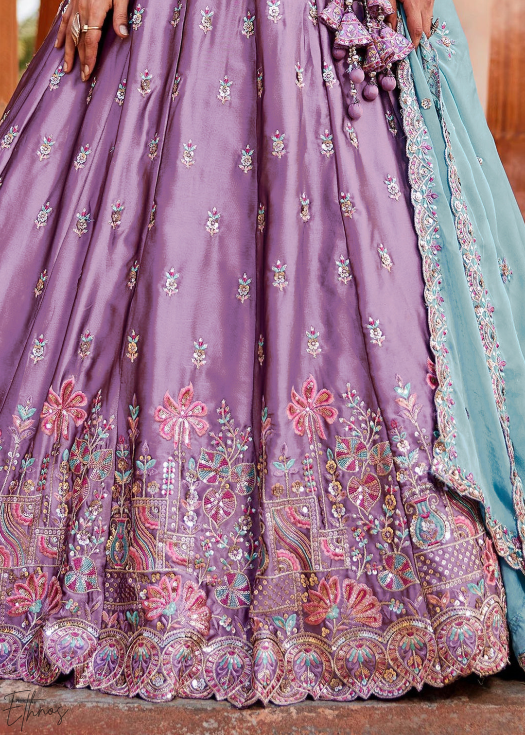 Lavender Violet Botanical-Embroidered Silk Lehenga