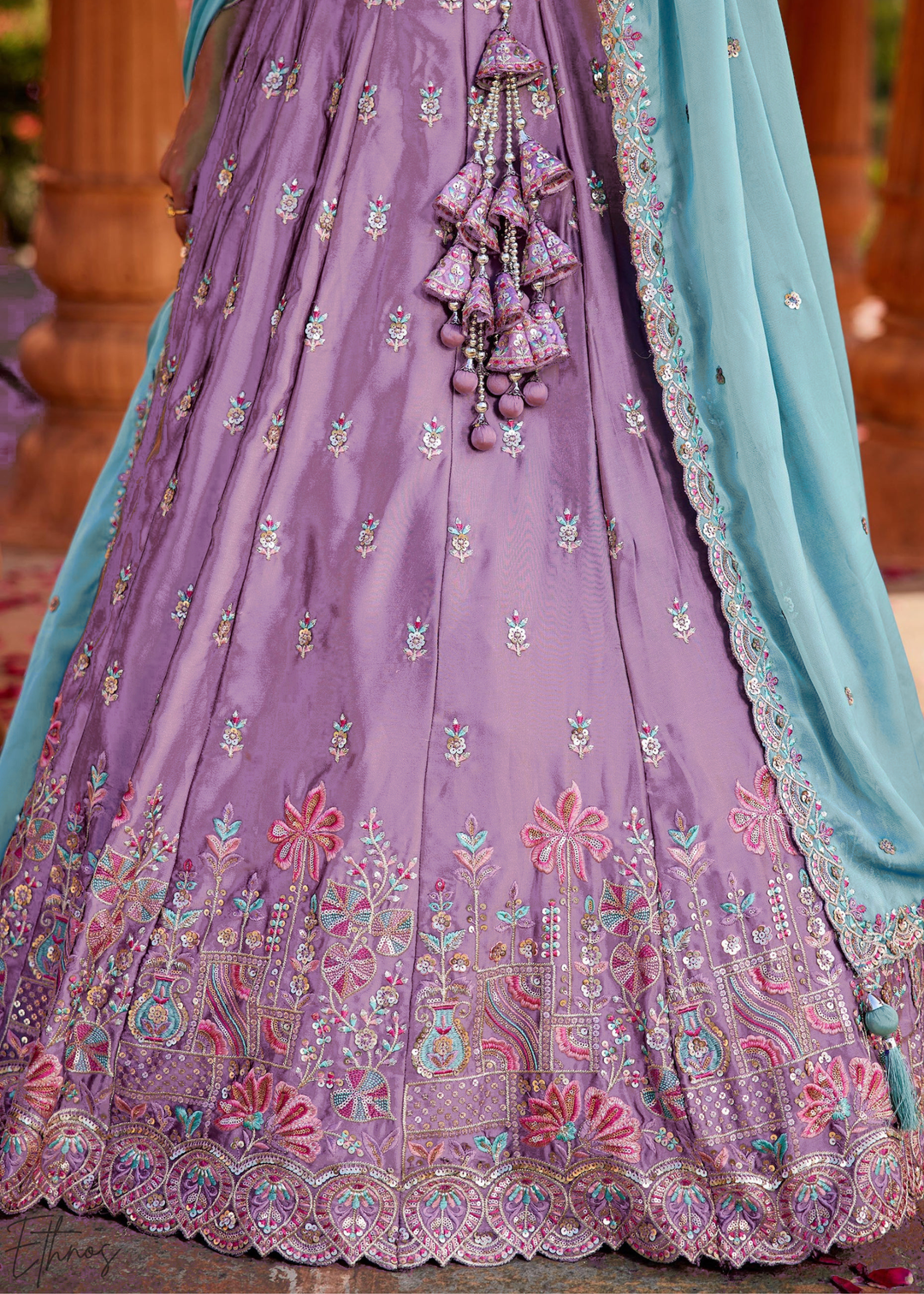 Lavender Violet Botanical-Embroidered Silk Lehenga