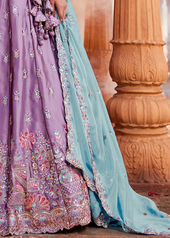 Lavender Violet Botanical-Embroidered Silk Lehenga