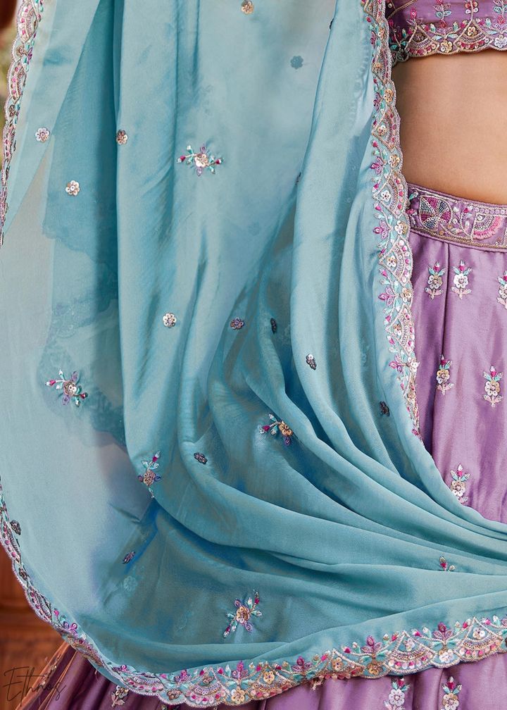 Lavender Violet Botanical-Embroidered Silk Lehenga