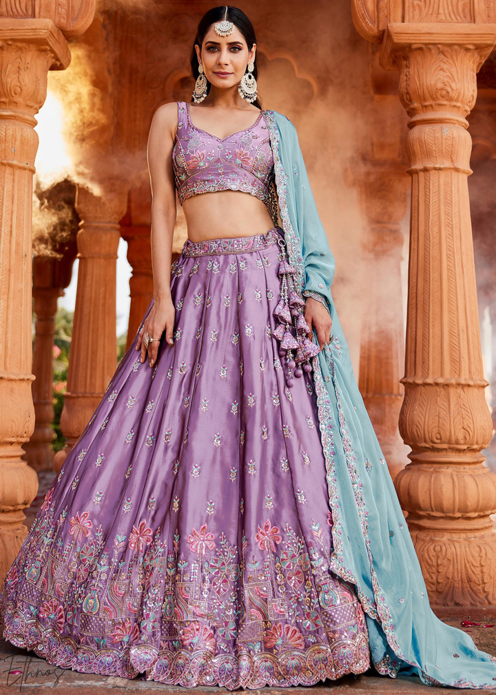 Lavender Violet Botanical-Embroidered Silk Lehenga