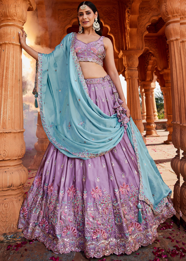 Lavender Violet Botanical-Embroidered Silk Lehenga