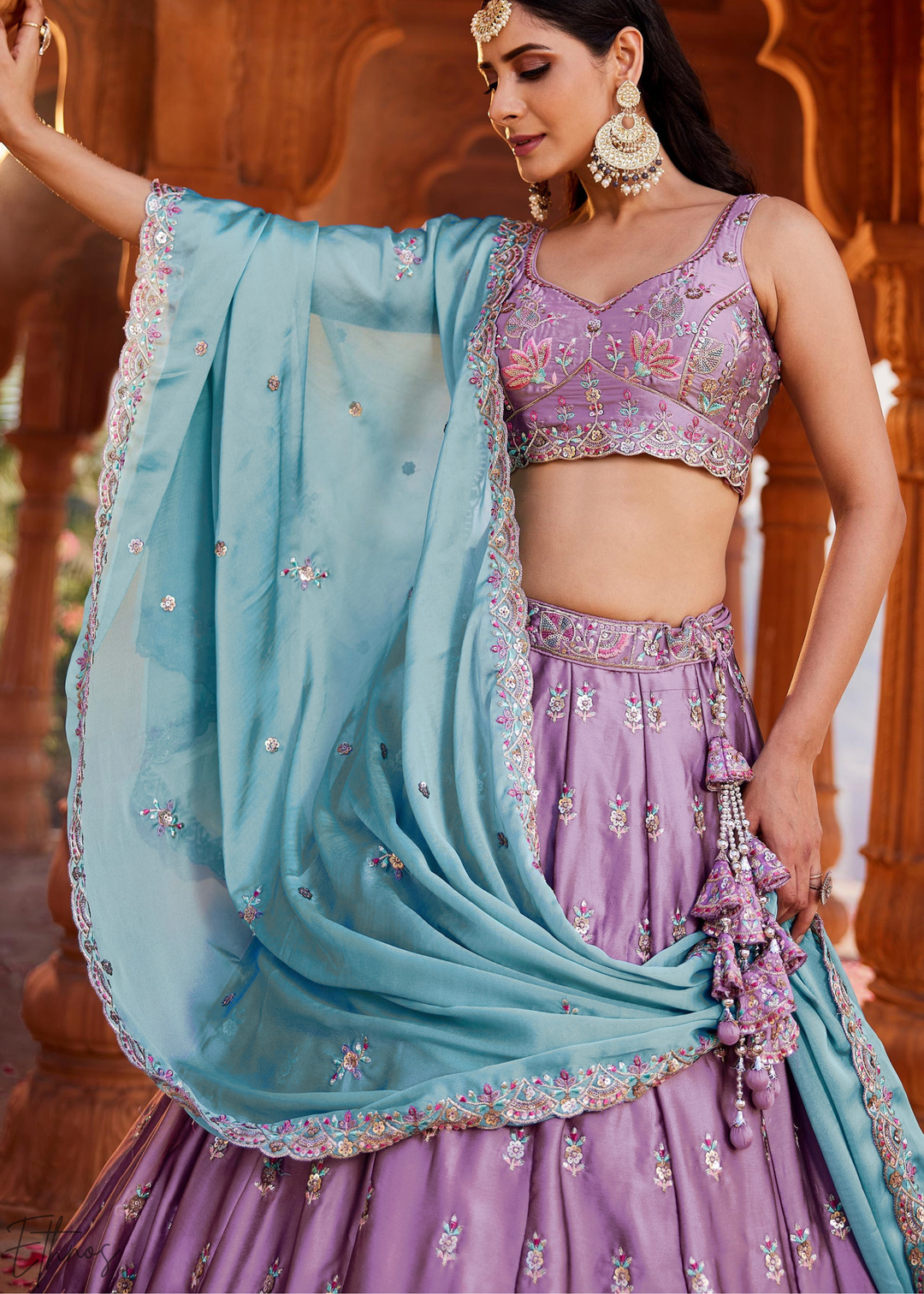 Lavender Violet Botanical-Embroidered Silk Lehenga